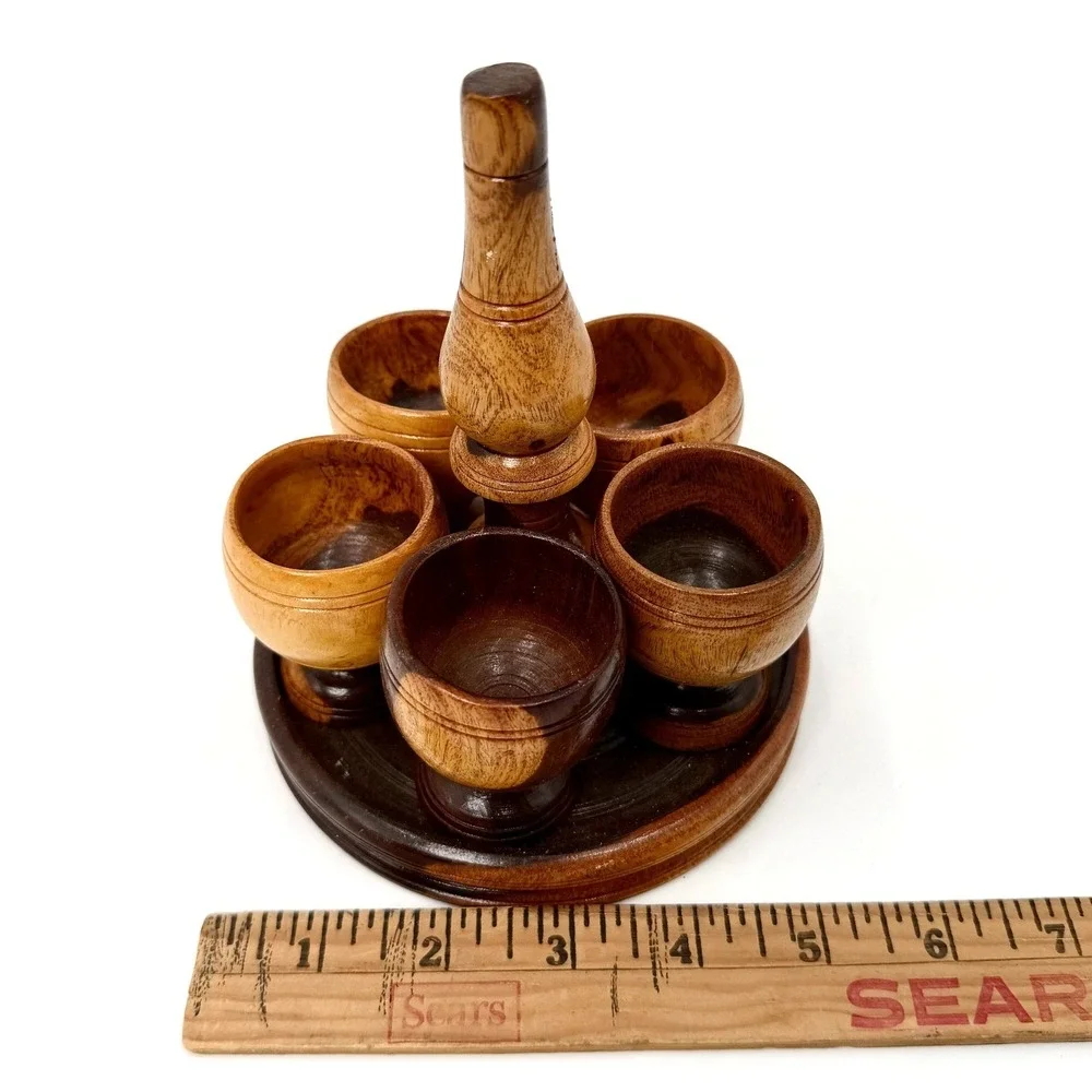 Vintage Hand Turned Wood Shot Glass Set 6 Cups with Round Caddy Tray Brown MCM‎